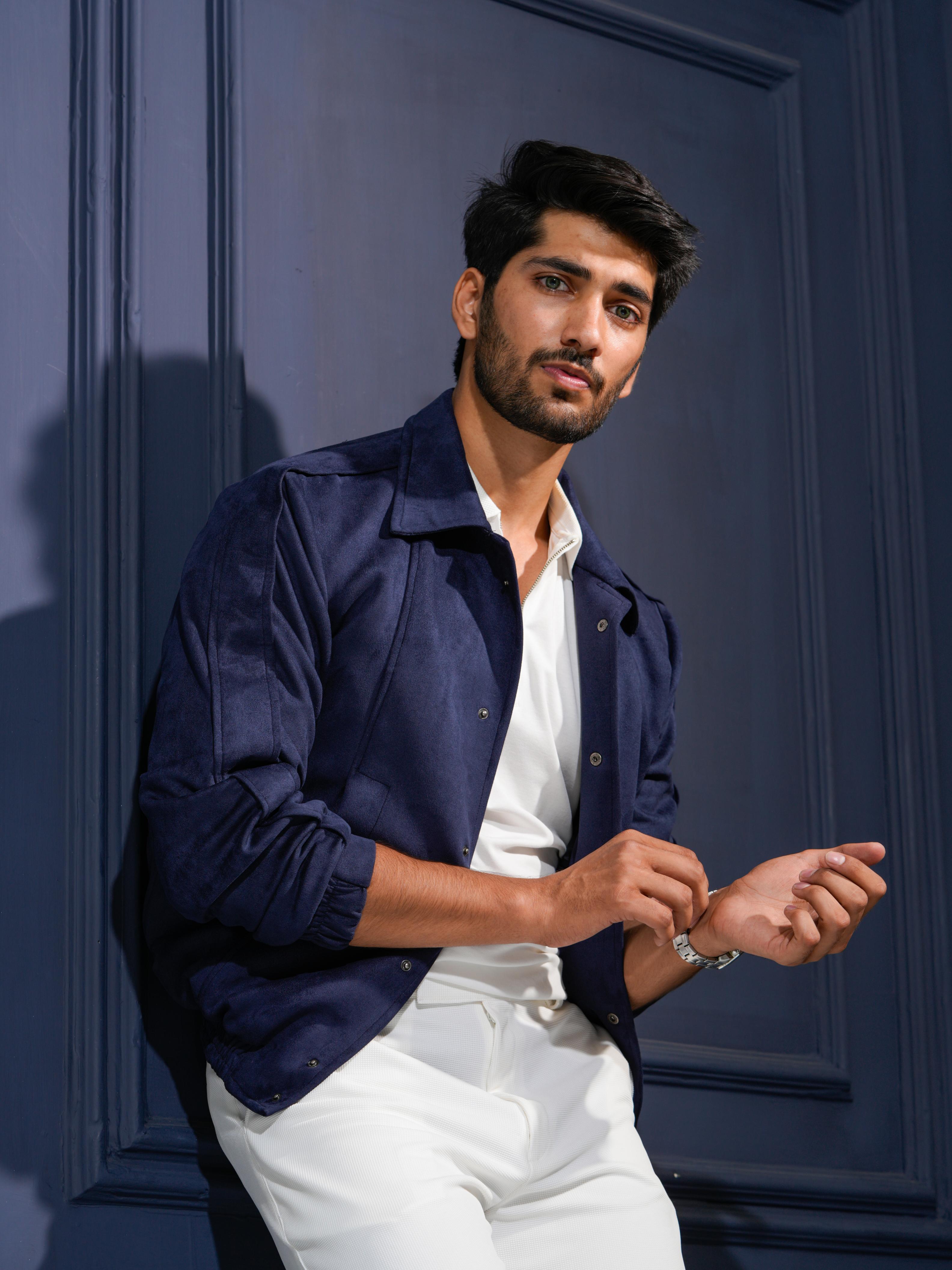 Rover- Our stylish blue suede bomber Jacket