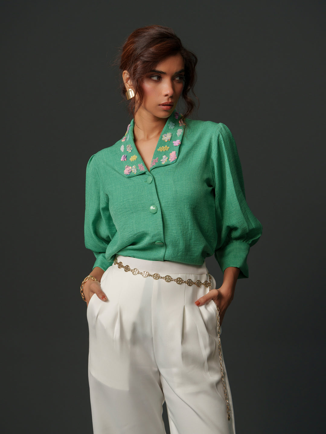 Shop Emy Linen Shirt with Collar Work