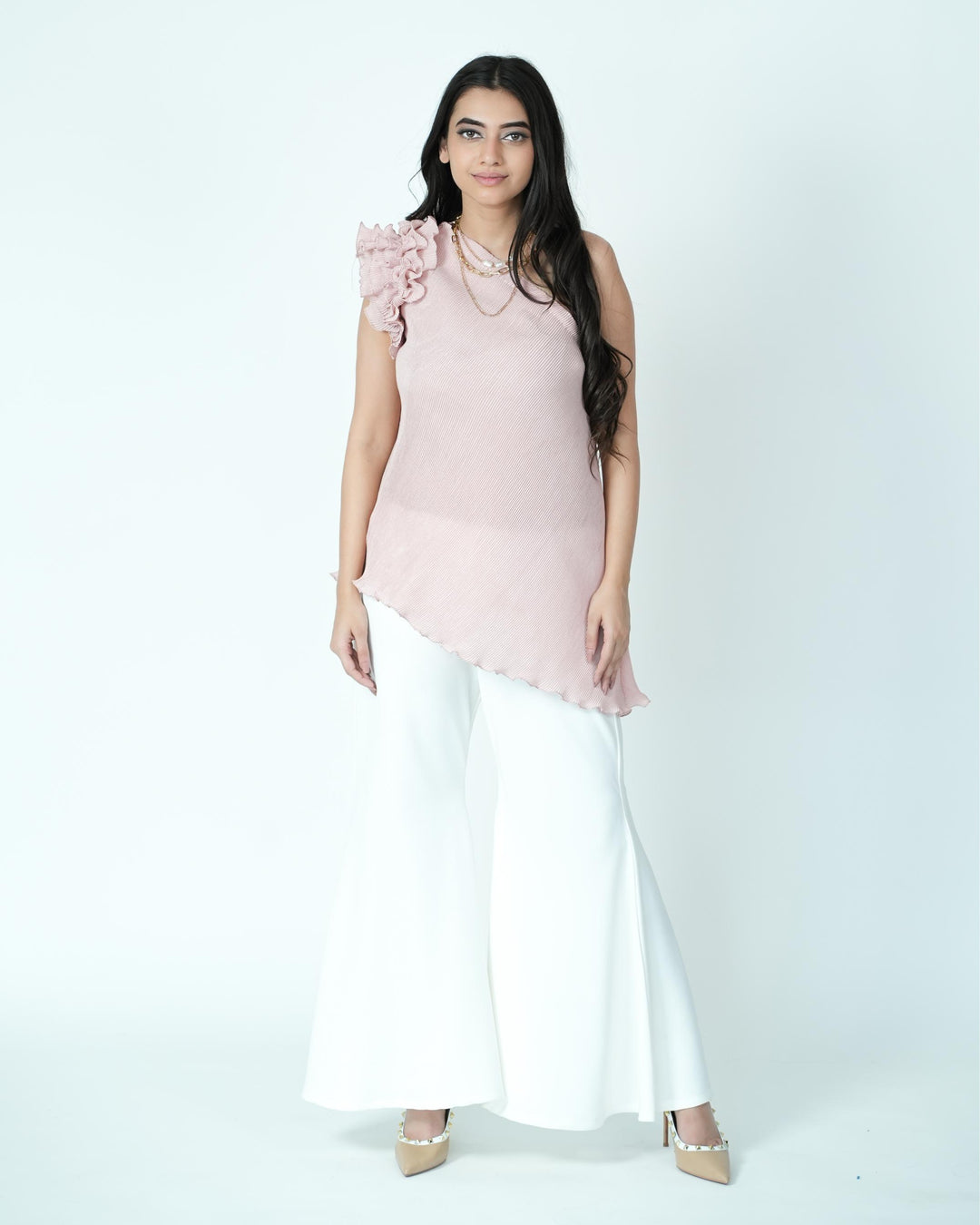 Shop Online Tina Pleated Fabric Top with Ruffles – Trendy & Chic