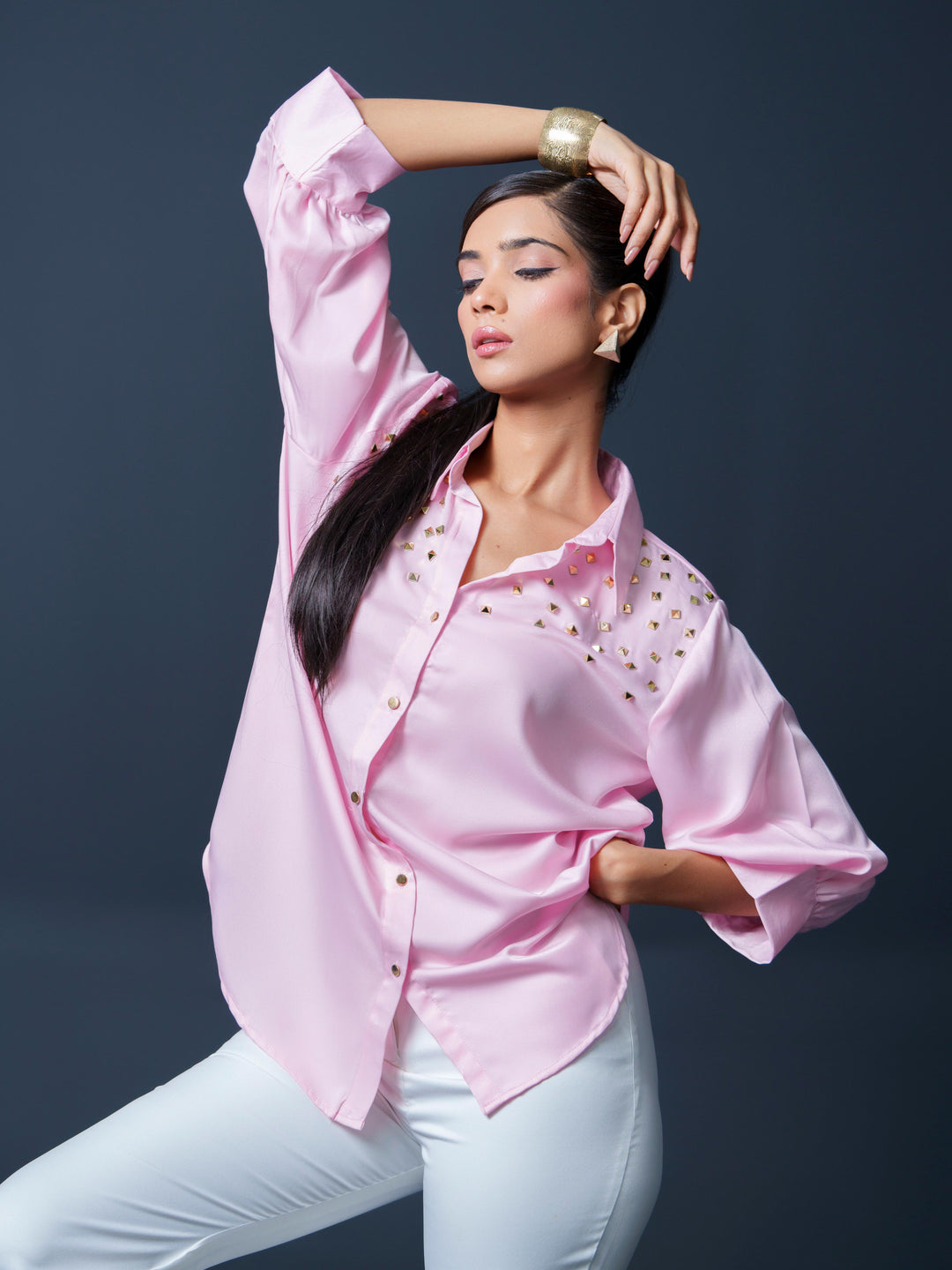 Shop Riveted Premium Satin Shirt with Rivets on Shoulder Now