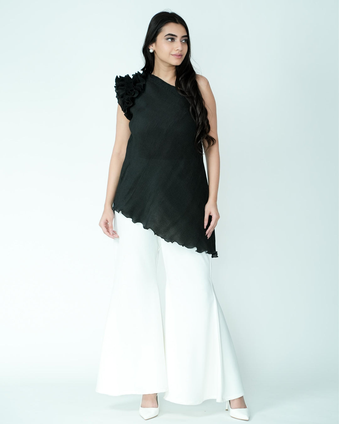 Tina - Pleated Fabric Top with Ruffles