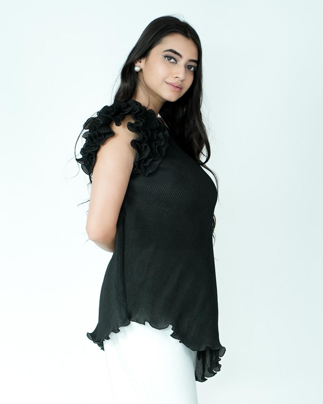 Tina - Pleated Fabric Top with Ruffles