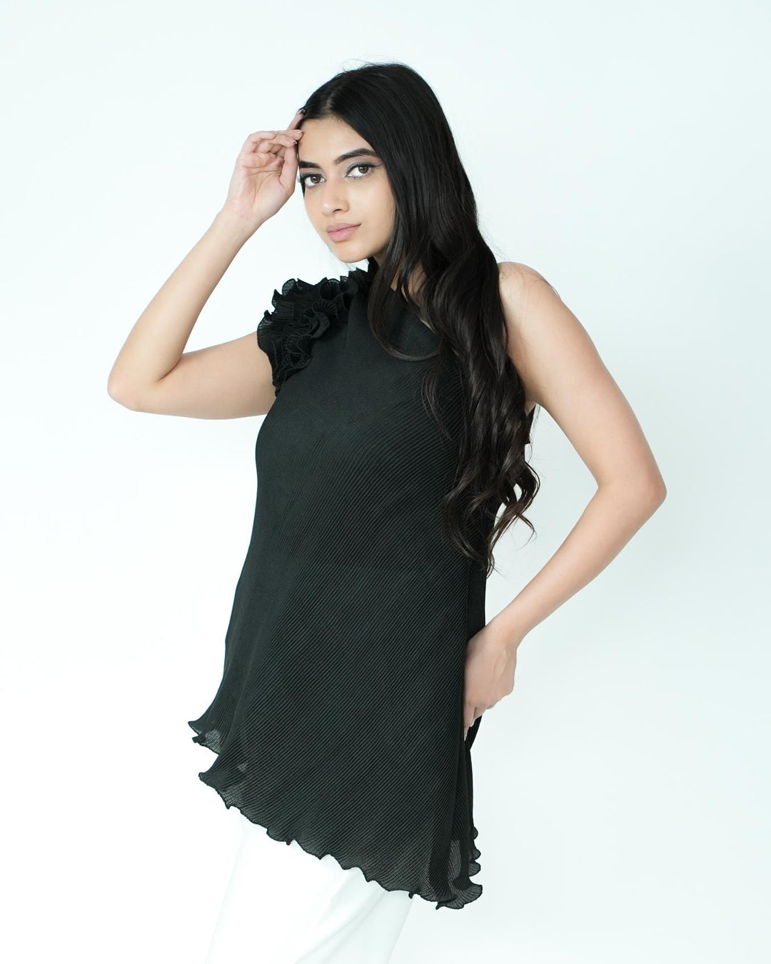 Tina - Pleated Fabric Top with Ruffles