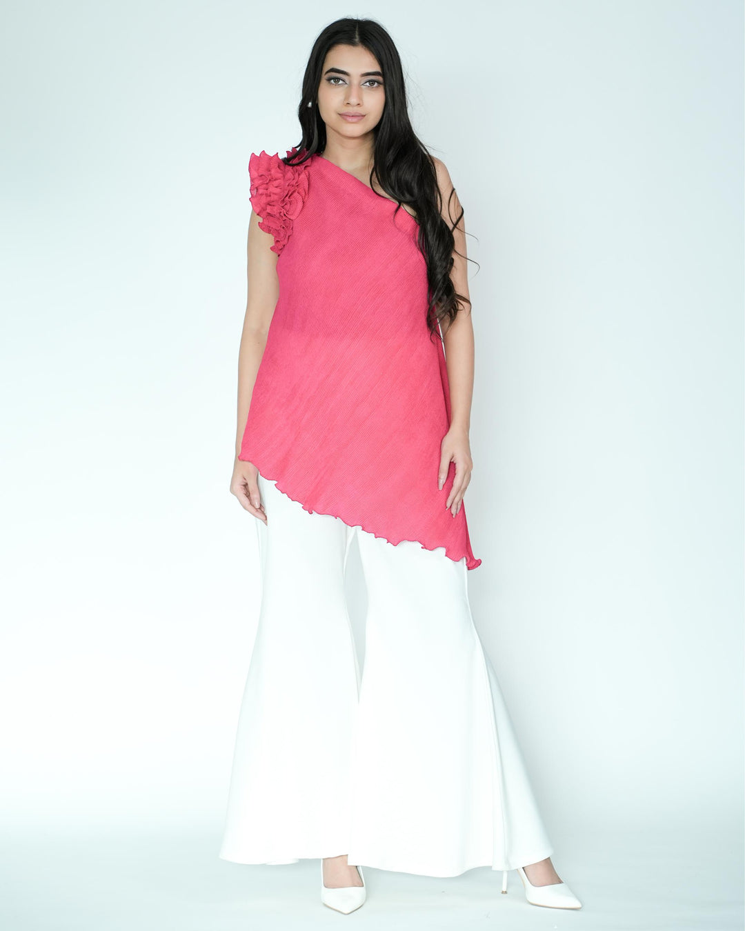 Tina - Pleated Fabric Top with Ruffles