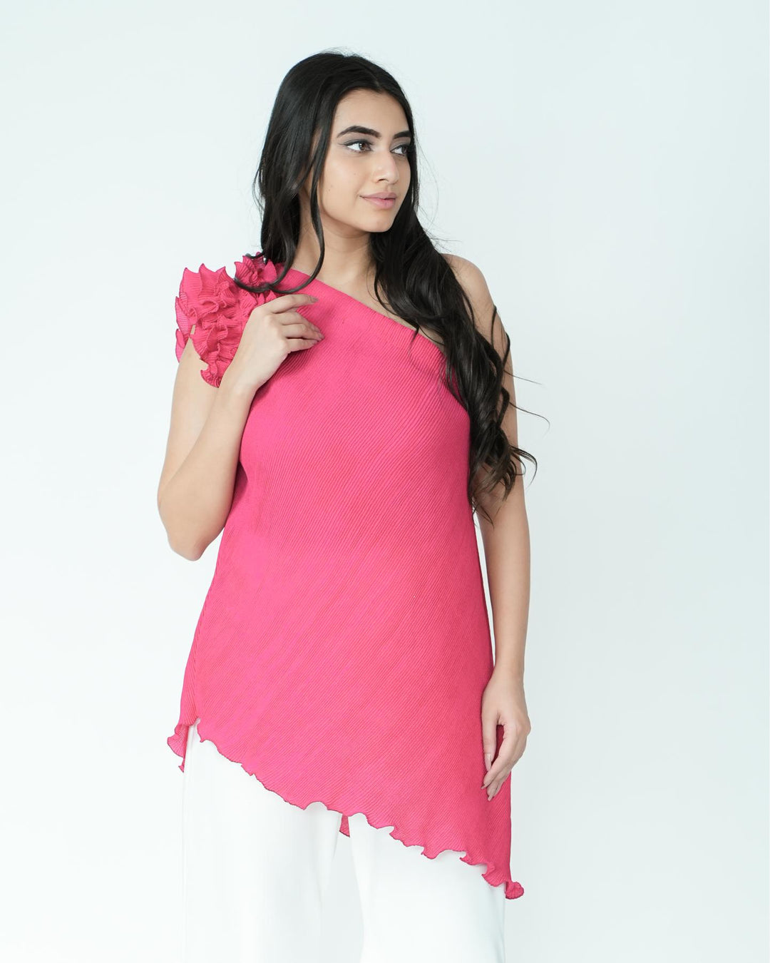 Tina - Pleated Fabric Top with Ruffles