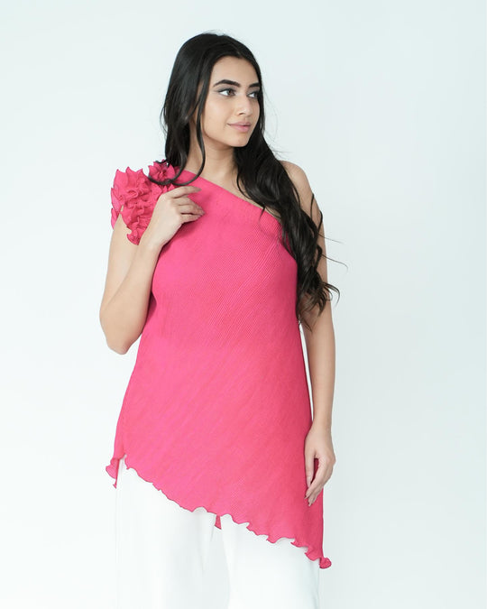 Tina - Pleated Fabric Top with Ruffles