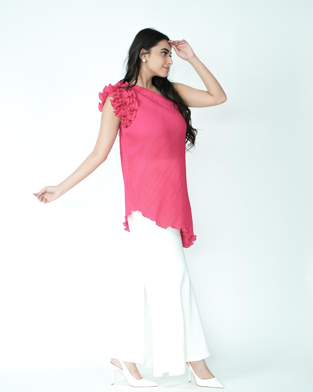 Tina - Pleated Fabric Top with Ruffles