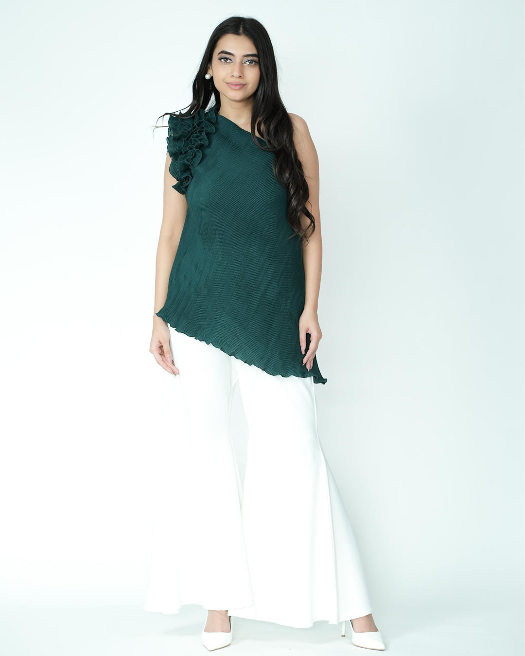 Tina - Pleated Fabric Top with Ruffles