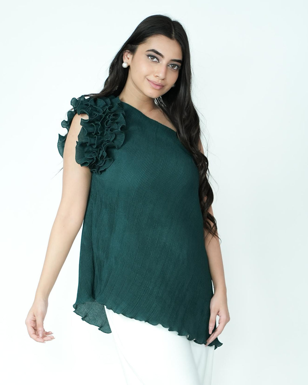 Tina - Pleated Fabric Top with Ruffles