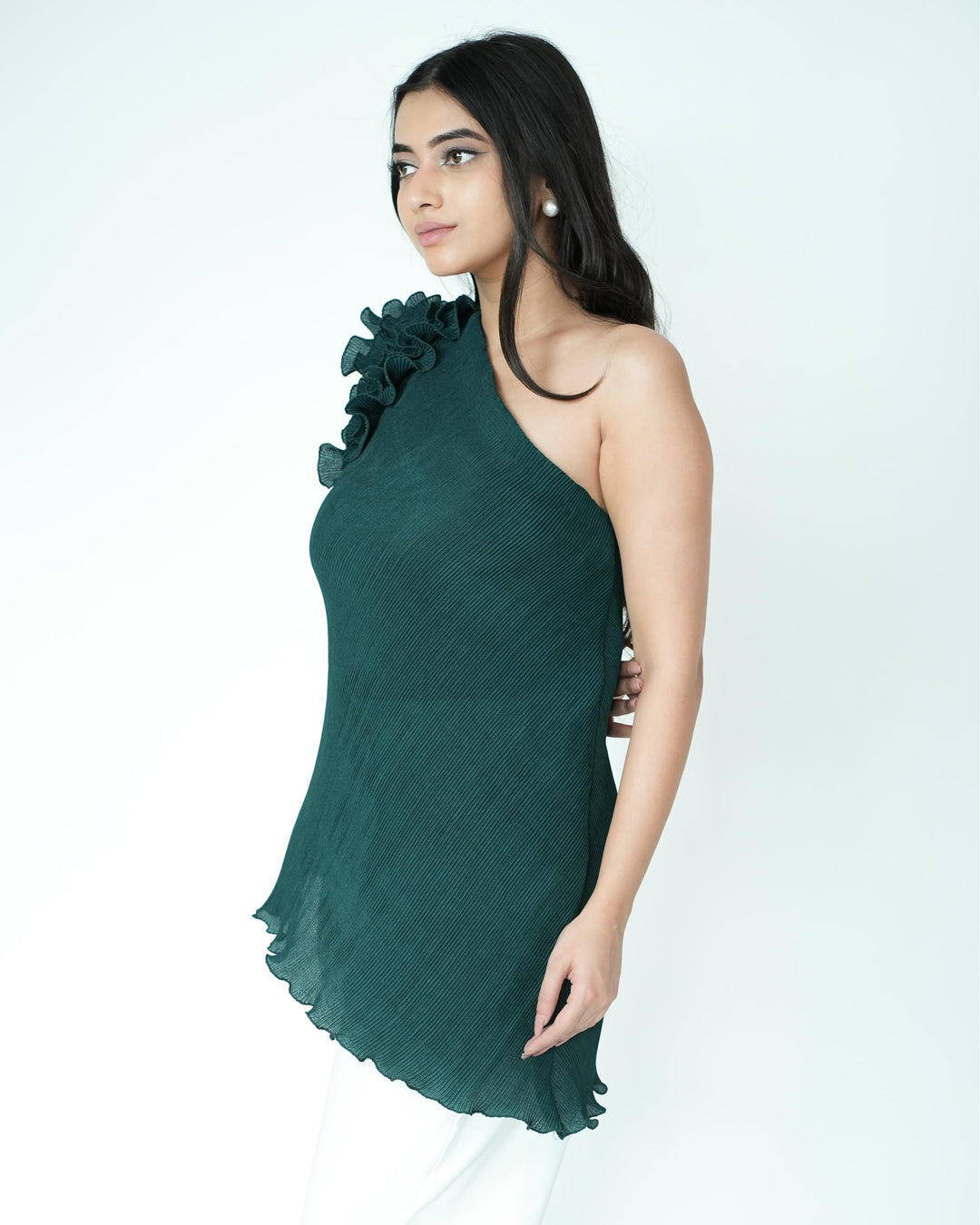 Tina - Pleated Fabric Top with Ruffles