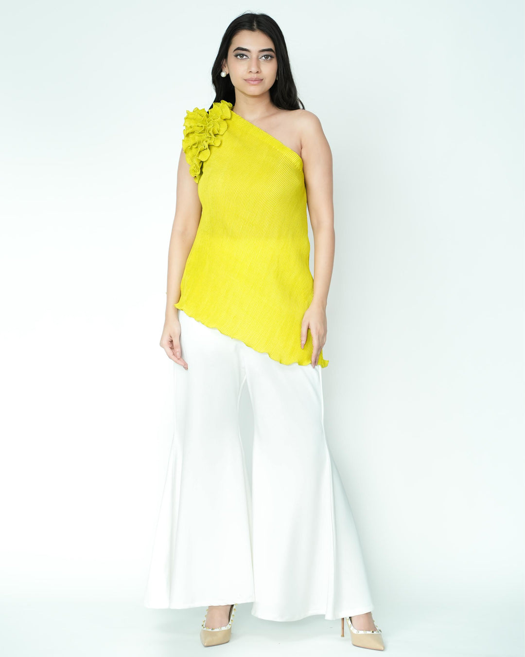 Tina - Pleated Fabric Top with Ruffles