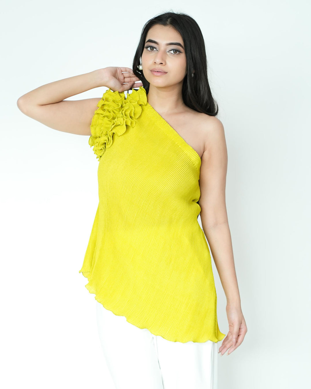 Tina - Pleated Fabric Top with Ruffles