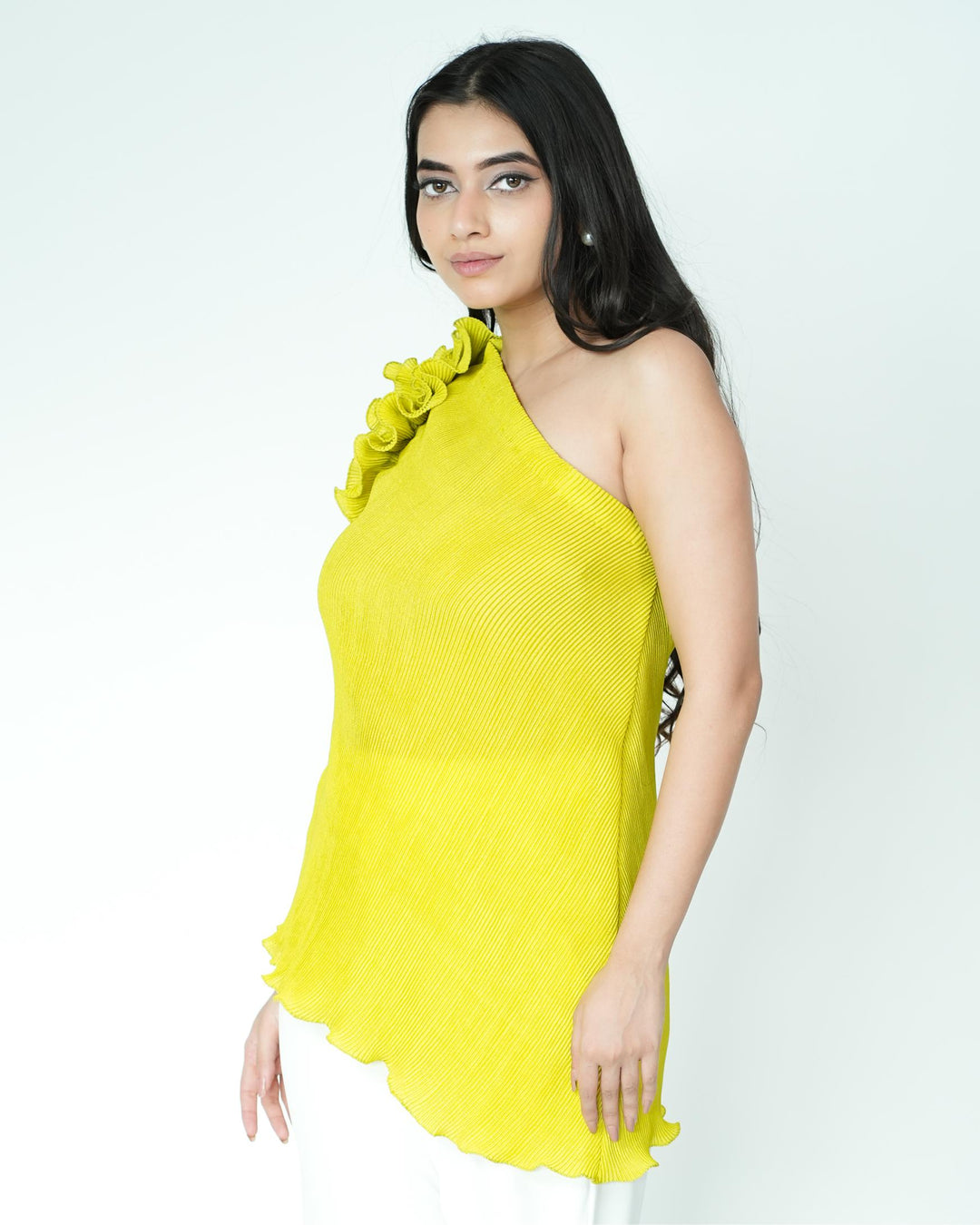 Tina - Pleated Fabric Top with Ruffles