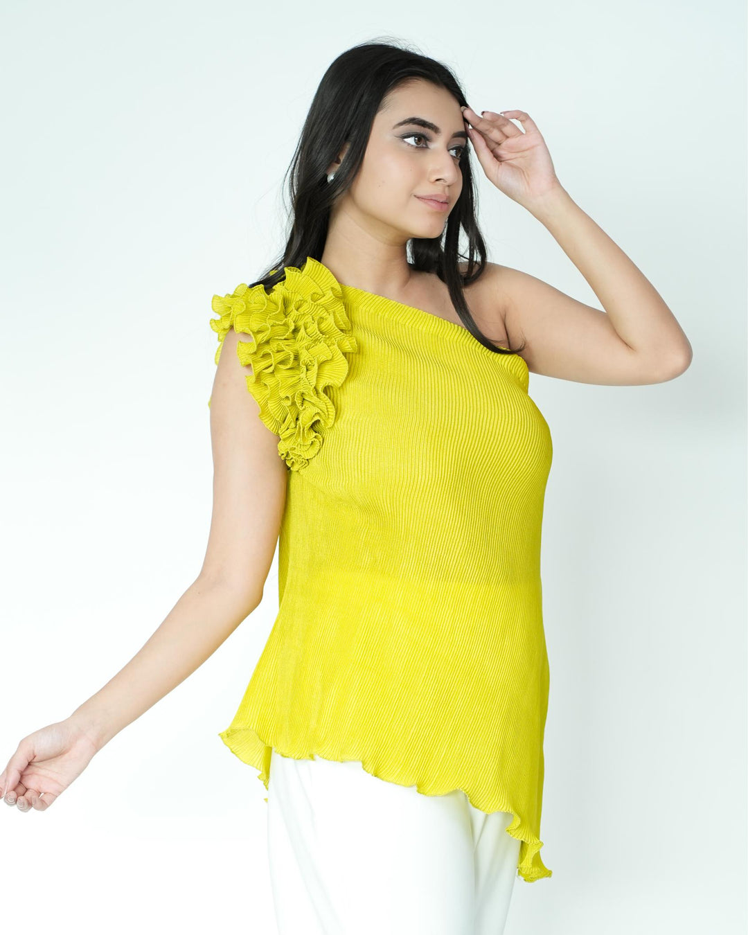 Tina - Pleated Fabric Top with Ruffles
