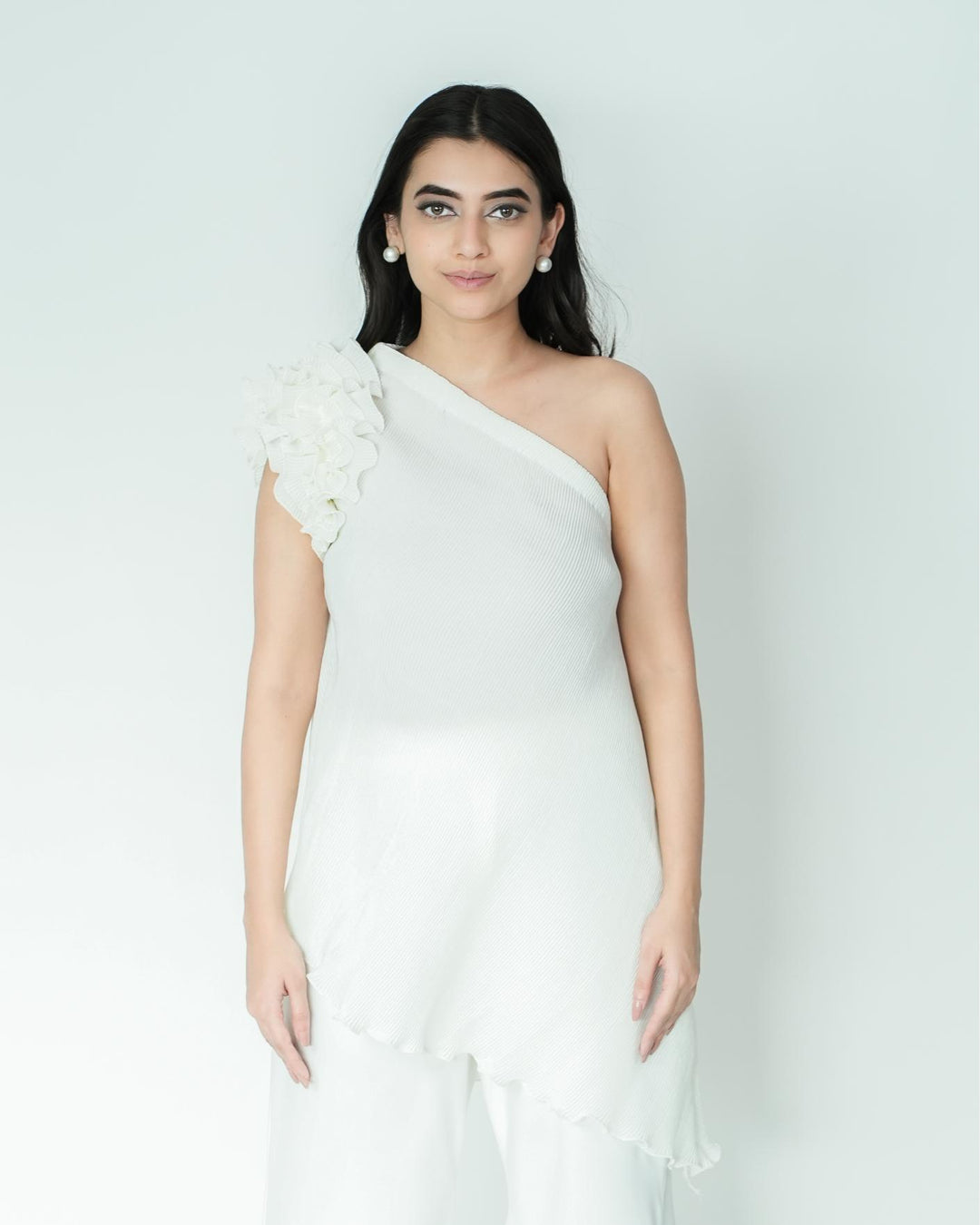 Tina - Pleated Fabric Top with Ruffles