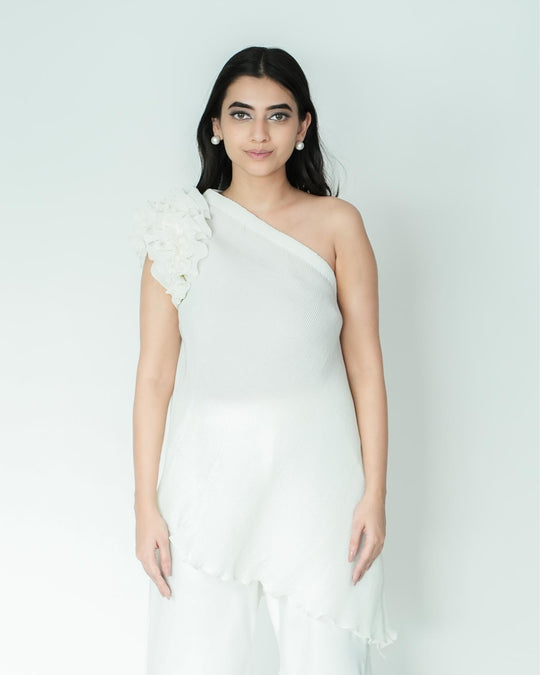 Tina - Pleated Fabric Top with Ruffles