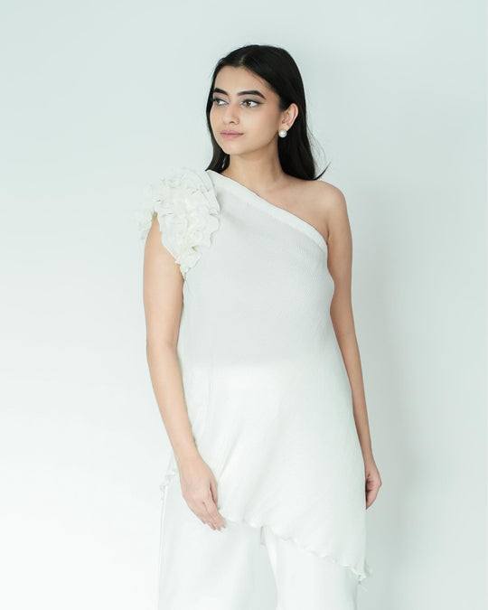 Tina - Pleated Fabric Top with Ruffles