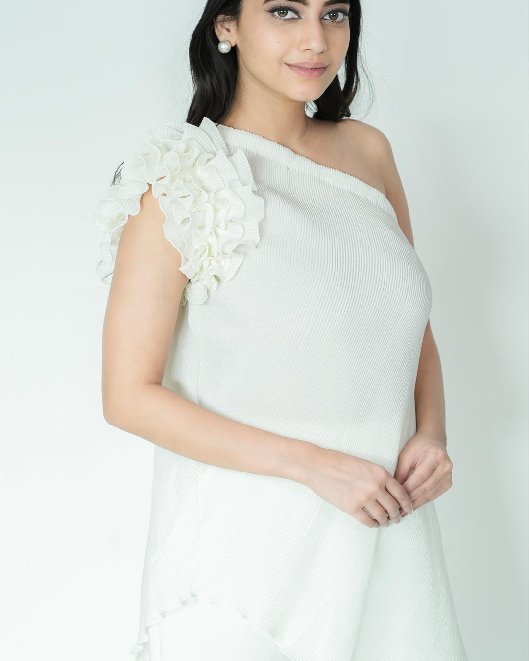 Tina - Pleated Fabric Top with Ruffles