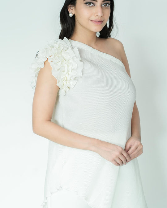 Tina - Pleated Fabric Top with Ruffles
