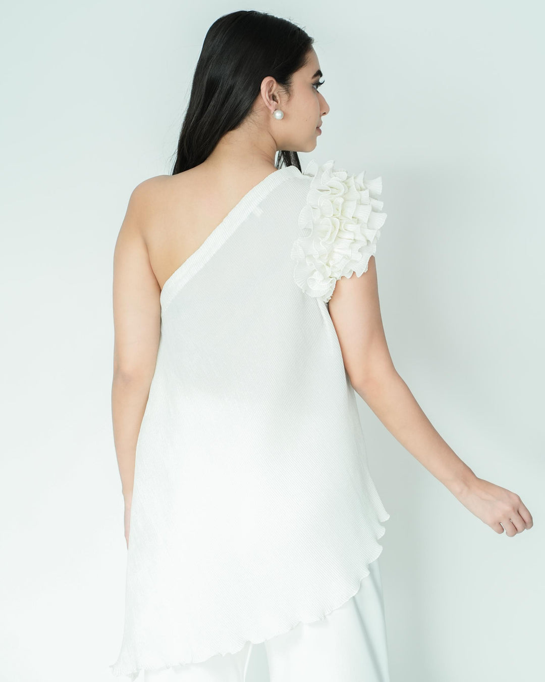 Tina - Pleated Fabric Top with Ruffles
