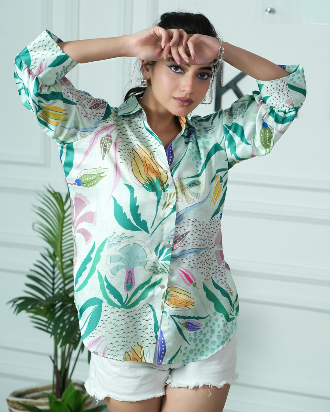 Green Lotus Printed Cotton Shirt