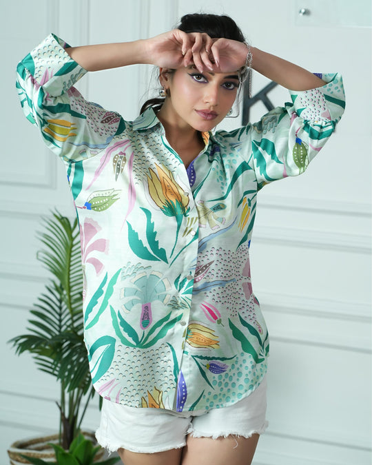Green Lotus Printed Cotton Shirt