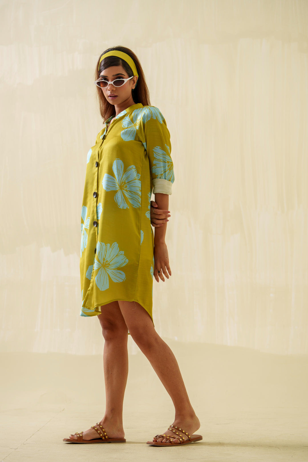 Daffodil- Printed Shirt Dress in Linen Satin