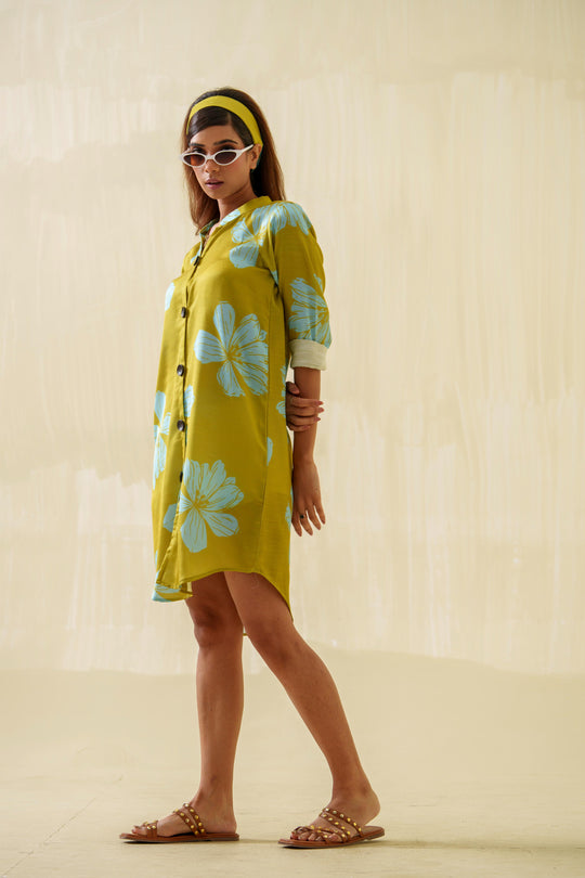 Daffodil- Printed Shirt Dress in Linen Satin