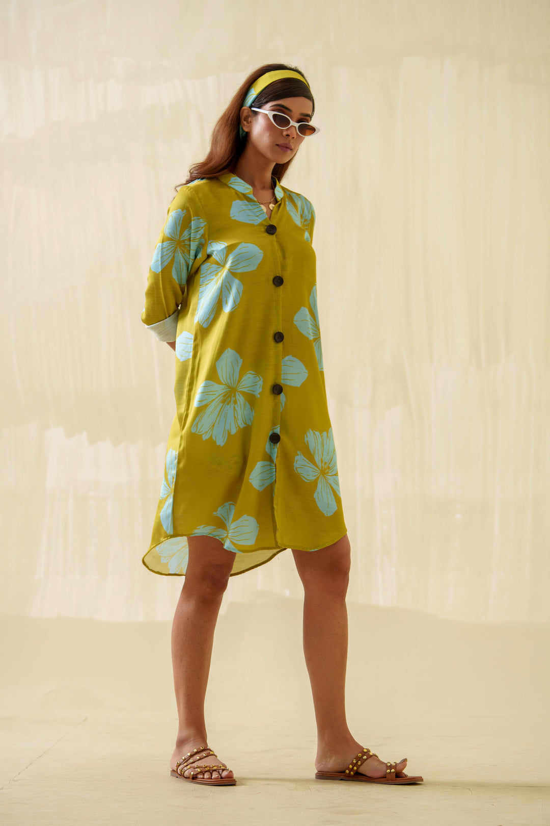 Daffodil- Printed Shirt Dress in Linen Satin