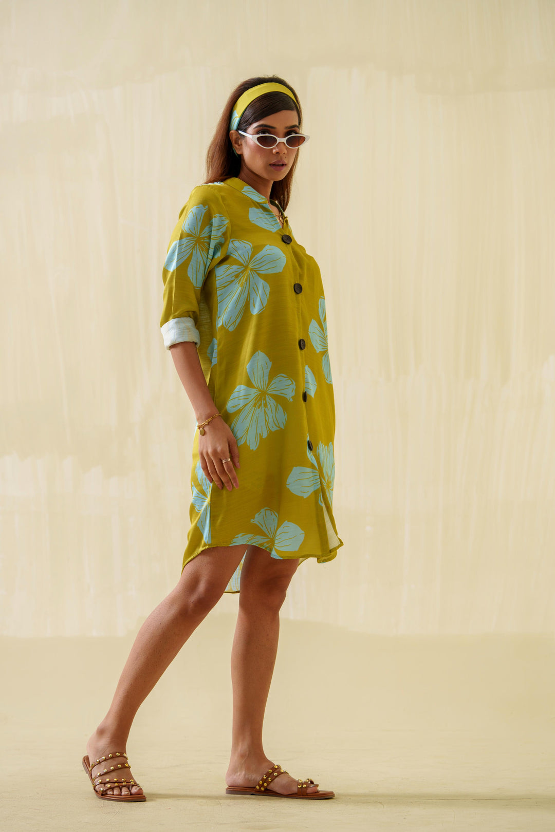 Daffodil- Printed Shirt Dress in Linen Satin