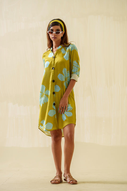 Daffodil- Printed Shirt Dress in Linen Satin