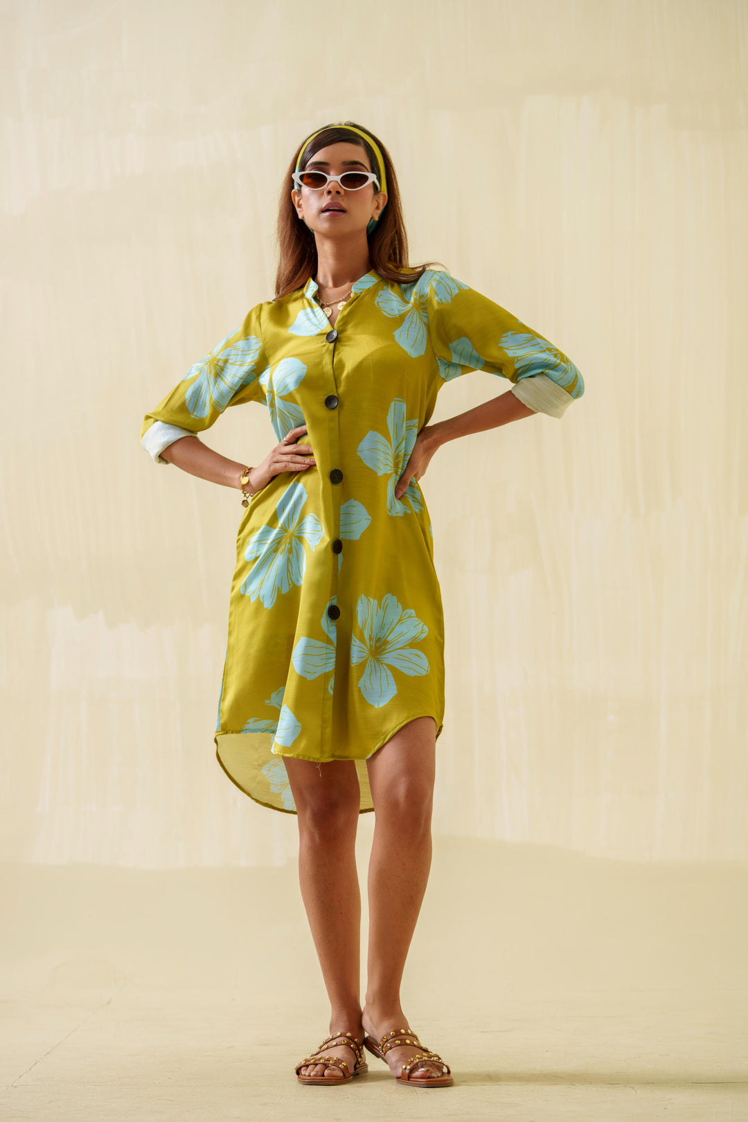 Daffodil- Printed Shirt Dress in Linen Satin
