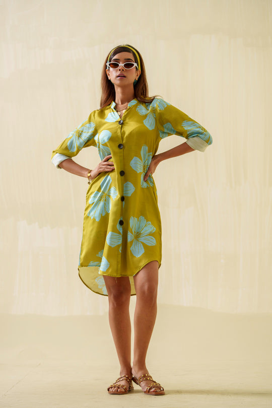 Daffodil- Printed Shirt Dress in Linen Satin