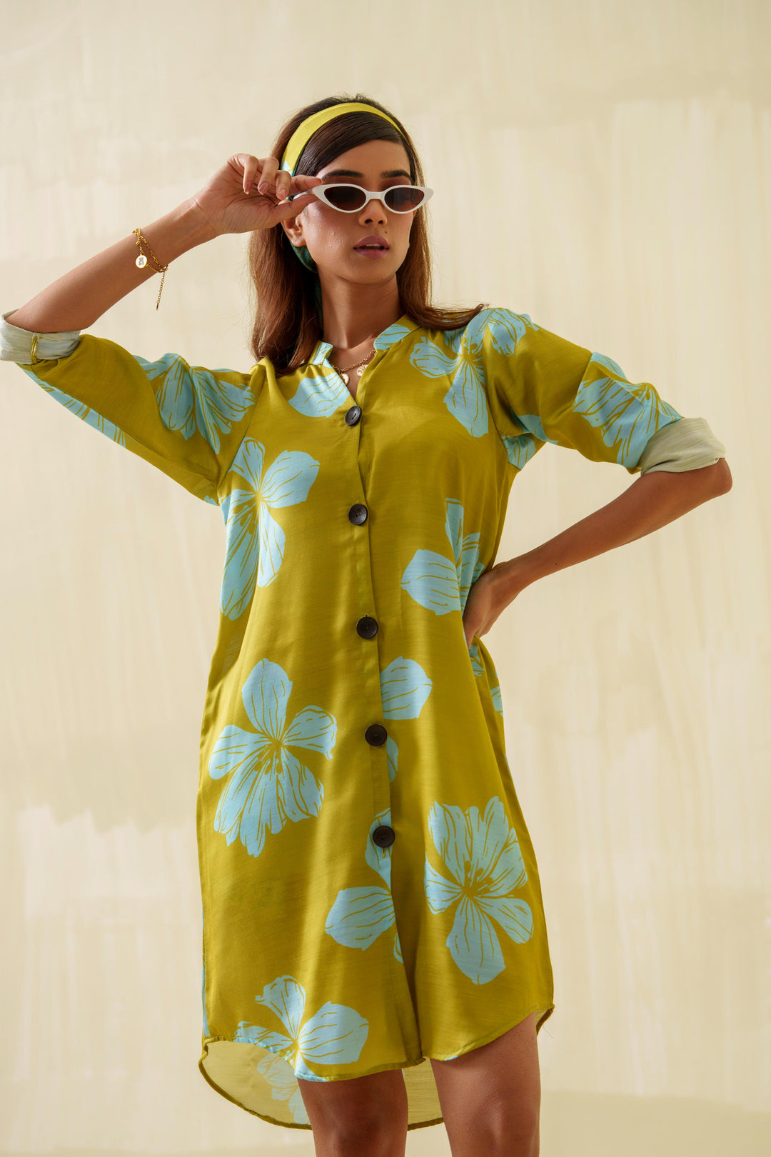 Daffodil- Printed Shirt Dress in Linen Satin