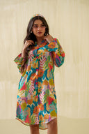 Iris Loose Fit Printed Shirt Dress in Linen Satin