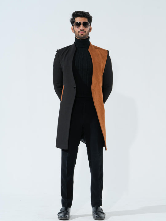Flames - Black & Brown Longline Coat in Premium Popcorn Cotton