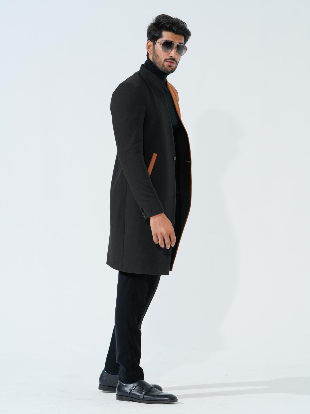 Flames - Black & Brown Longline Coat in Premium Popcorn Cotton