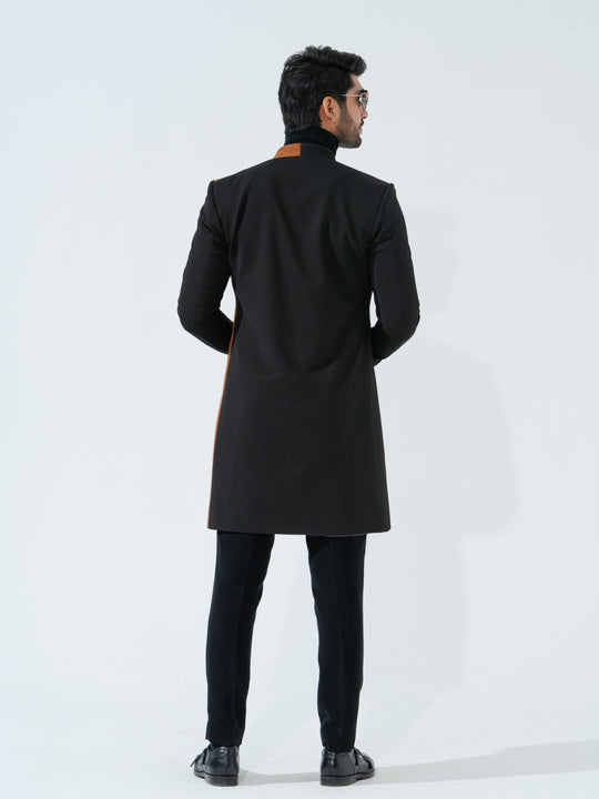 Flames - Black & Brown Longline Coat in Premium Popcorn Cotton