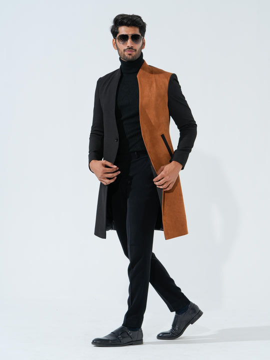 Flames - Black & Brown Longline Coat in Premium Popcorn Cotton