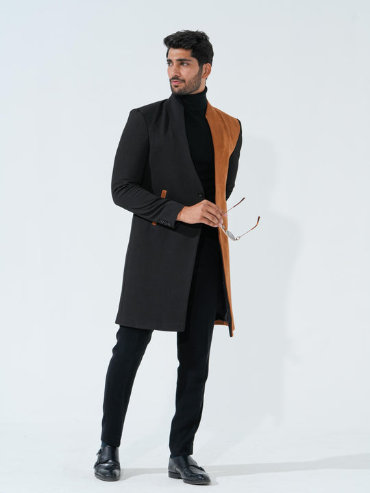 Flames - Black & Brown Longline Coat in Premium Popcorn Cotton