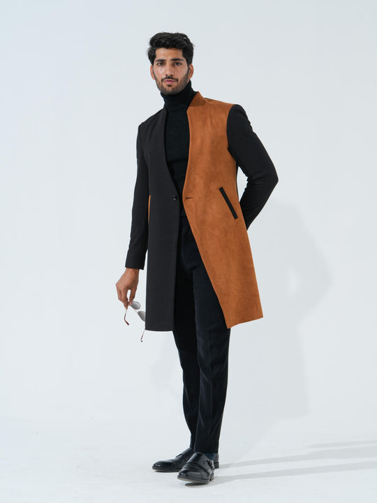 Flames - Black & Brown Longline Coat in Premium Popcorn Cotton