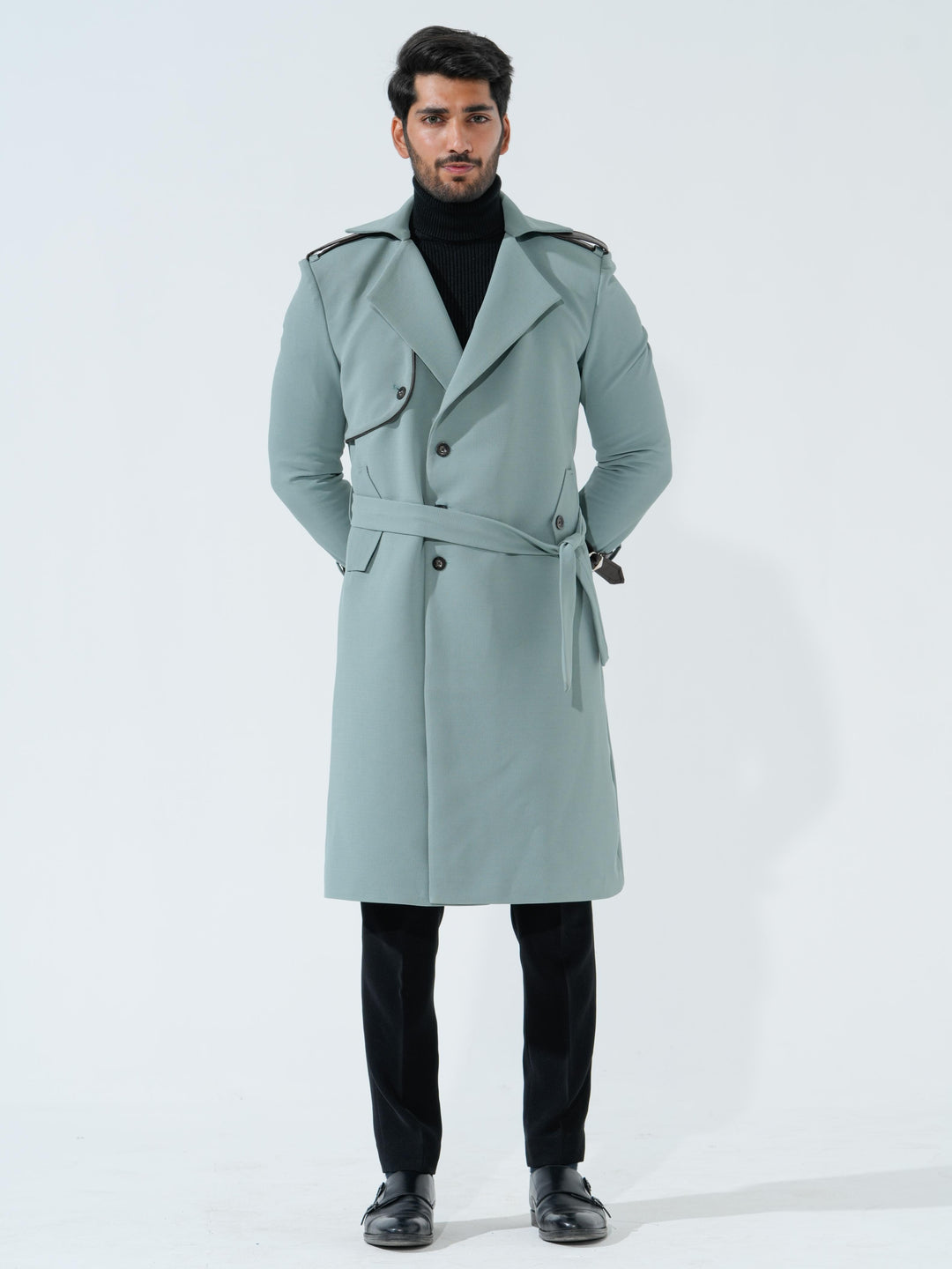 Lucifer Green Longline Coat with Belt in Premium Popcorn Cotton