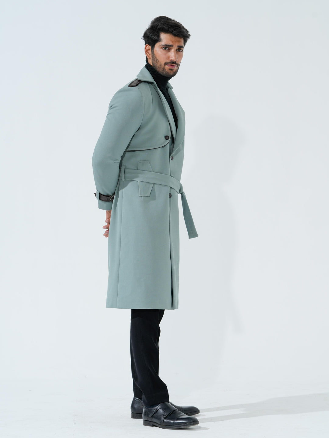 Lucifer - Green Longline Coat with Belt in Premium Popcorn Cotton