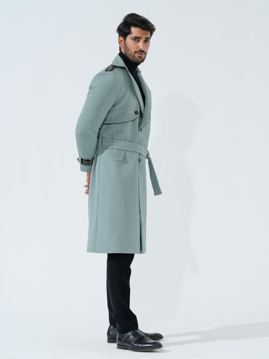 Lucifer - Green Longline Coat with Belt in Premium Popcorn Cotton