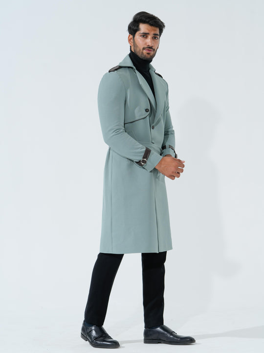 Lucifer - Green Longline Coat with Belt in Premium Popcorn Cotton