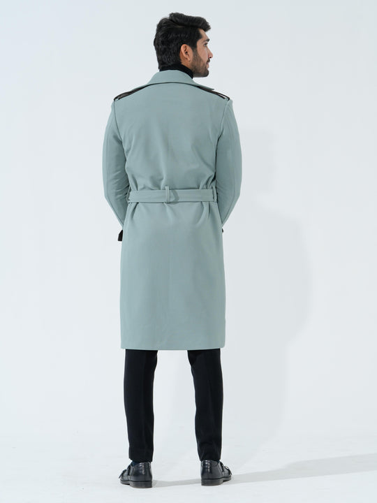 Lucifer - Green Longline Coat with Belt in Premium Popcorn Cotton
