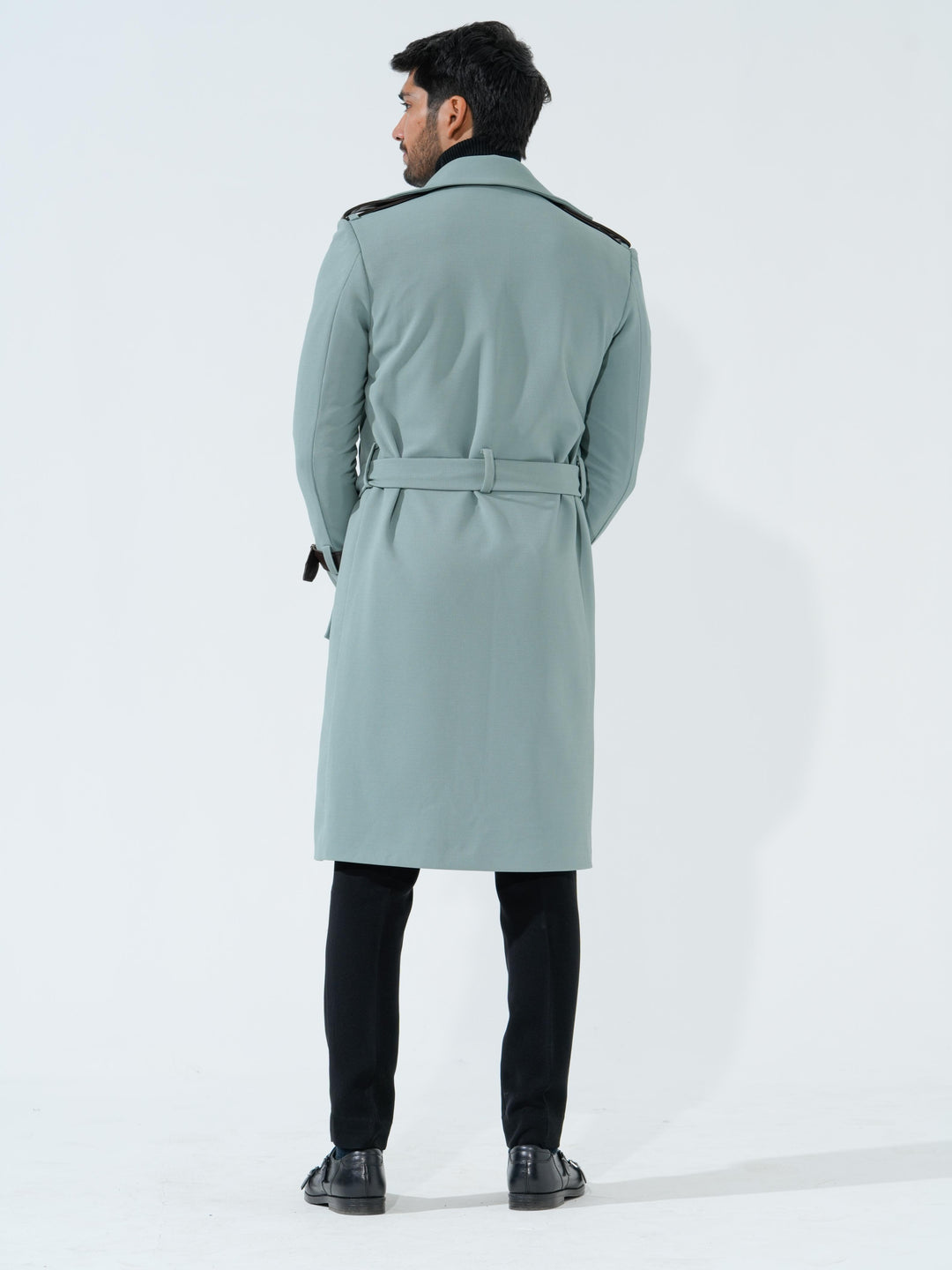 Lucifer - Green Longline Coat with Belt in Premium Popcorn Cotton