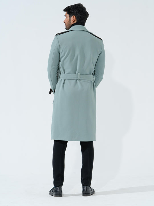 Lucifer - Green Longline Coat with Belt in Premium Popcorn Cotton