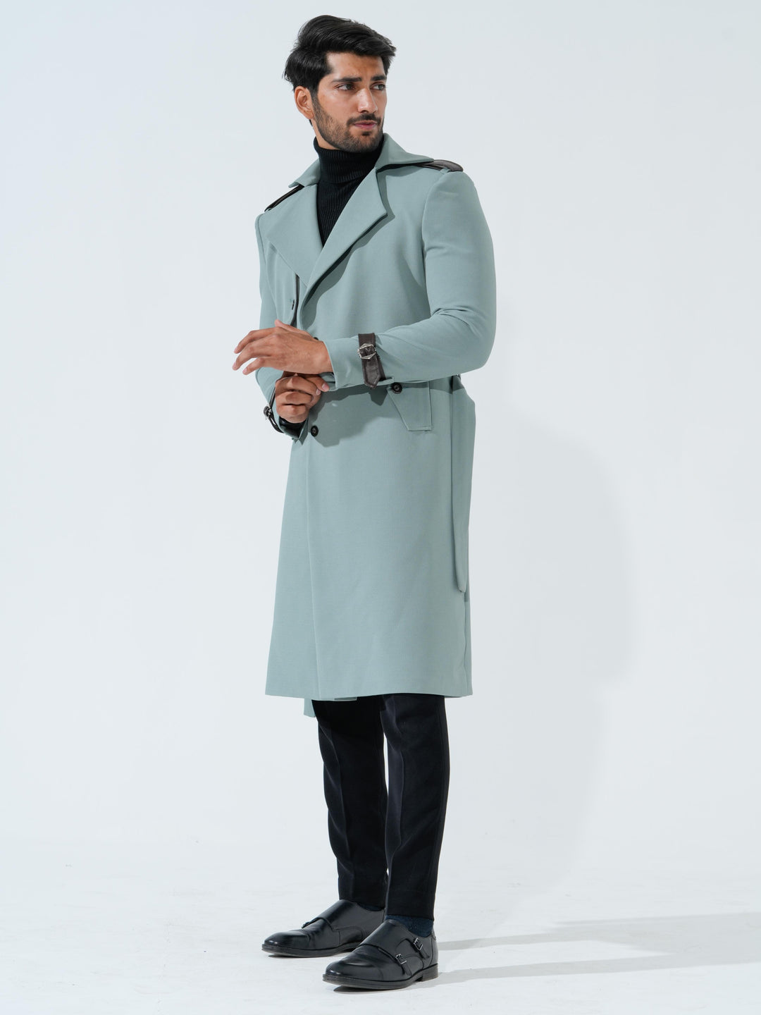 Lucifer - Green Longline Coat with Belt in Premium Popcorn Cotton