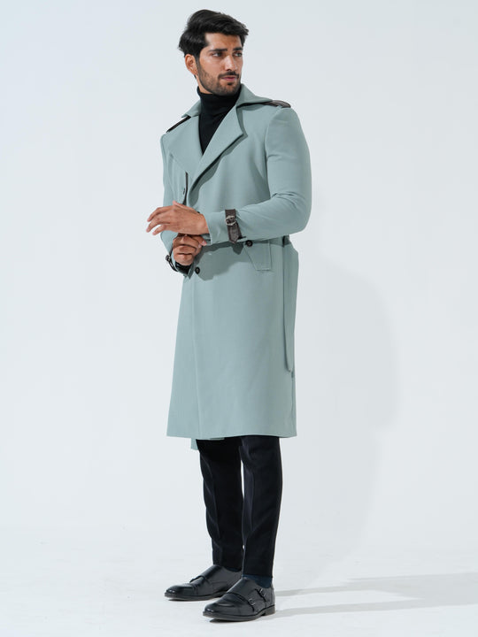 Lucifer - Green Longline Coat with Belt in Premium Popcorn Cotton